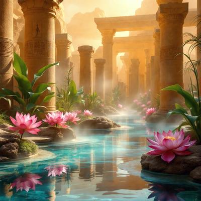 The primary subject of the image is a beautiful garden with a variety of flowers, including pink and purple ones. The setting is a serene environment with a body of water, possibly a lake or a pond, surrounded by a rocky landscape. The visual style of the image is a combination of photo and digital art, creating a vibrant and lush atmosphere. The colors and mood of the scene are predominantly pink and purple, giving the garden a romantic and enchanting feel.